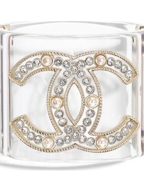 CHANEL Clear Acrylic Cuff Bracelet with Gold-Tone CC Logo and Pearls
